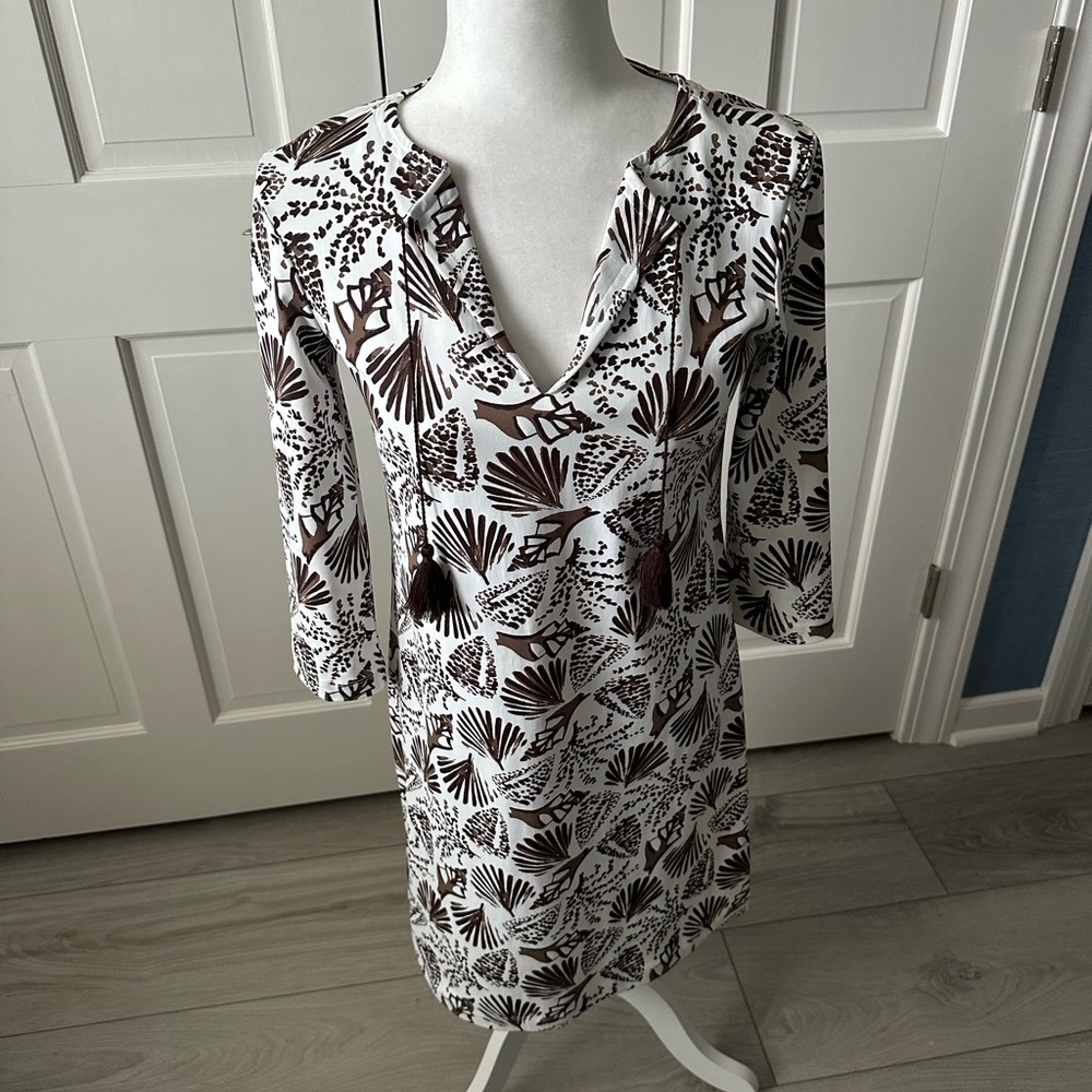 Persifor Women's White & Brown V neck Shell patterned w/tassles Midi Dress